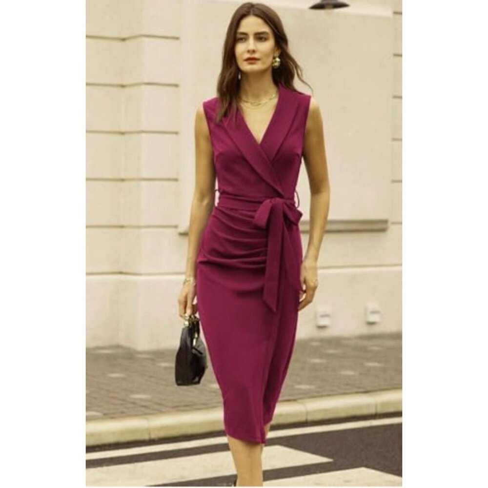 Grace Karin Womens Size 8 Sleeveless Wrap Midi Dress Ruched Waist Tie Sexy Party